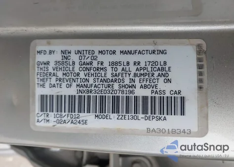 2003 Toyota Corolla S z USA, uszkodzony, nr VIN 1NXBR32E03Z078196